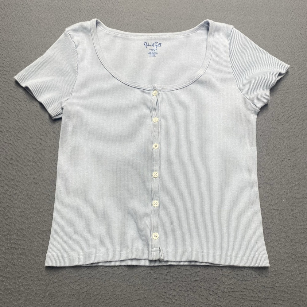 John Galt Shirt Womens One Size Blue Button Front Ribbed Cropped Jersey Tee
